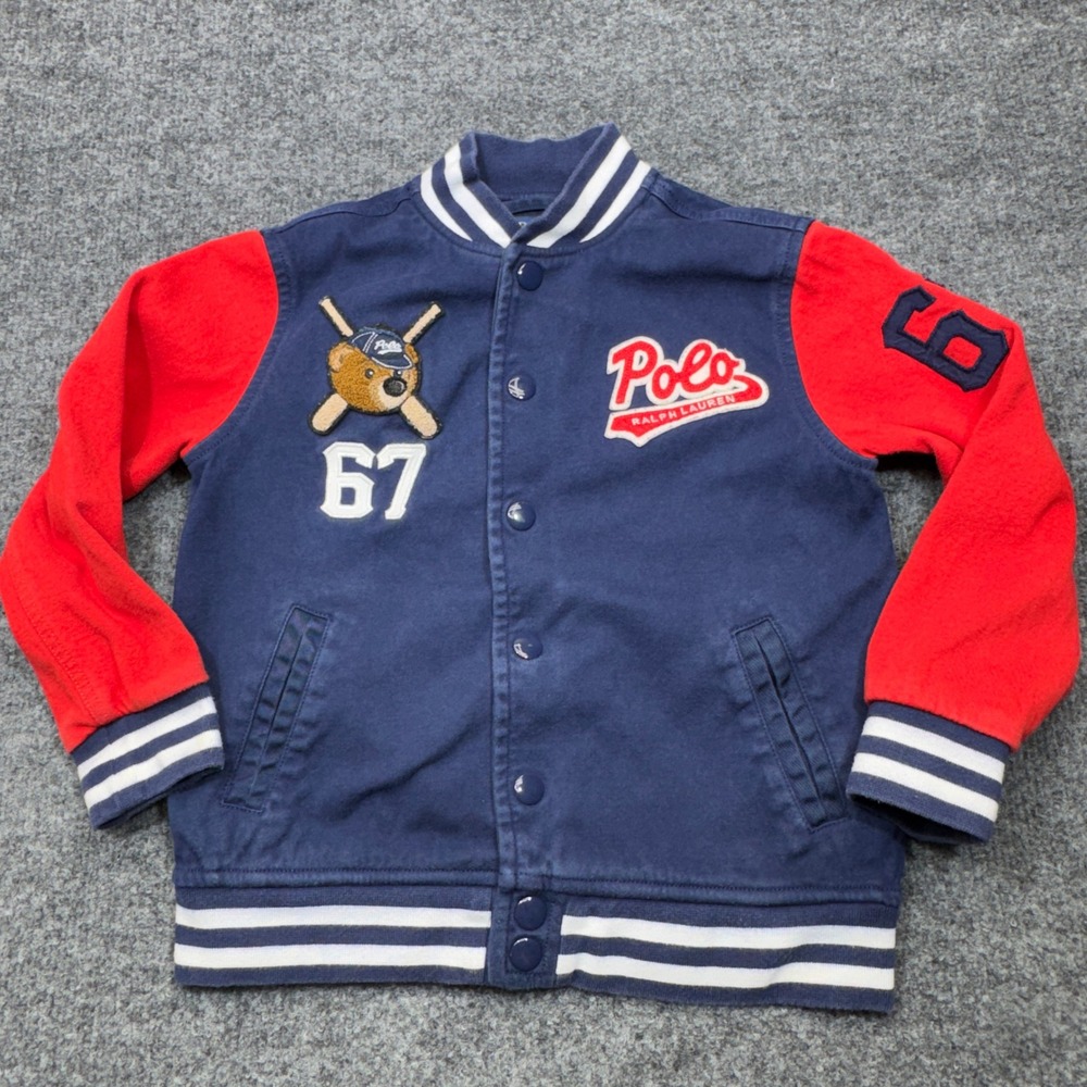 Polo Ralph Lauren Varsity Jacket Boys 5 Navy Blue Red Polo Bear Baseball Kids